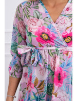 Květinové šaty se zavazováním v pase fialové barvy