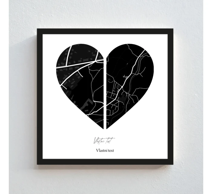 Plakát v rámu - čtverec 20x20 - dvě mapy jako srdce Plakát v rámu - čtverec 20x20 - dvě mapy jako srdce