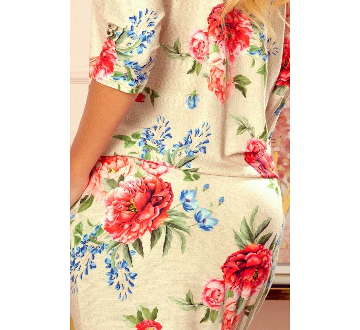 Dámské sportovní šaty s kapsičkami - béžový len a červené květy 13-121