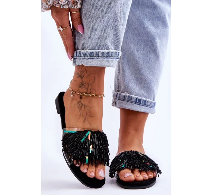 Dámské pantofle s módními ozdobami S.Barski Černá Dámské pantofle s módními ozdobami S.Barski Černá