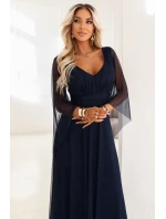 655-3 Dlouhé lehké třpytivé šaty s výstřihem a průhlednými rukávy - tmavě modré 655-3 Dlouhé lehké třpytivé šaty s výstřihem a průhlednými rukávy - tmavě modré