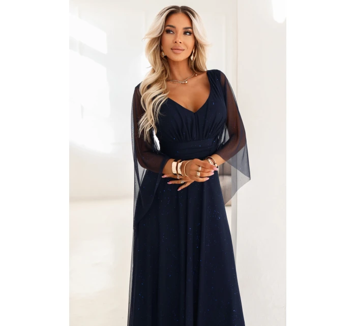 655-3 Dlouhé lehké třpytivé šaty s výstřihem a průhlednými rukávy - tmavě modré 655-3 Dlouhé lehké třpytivé šaty s výstřihem a průhlednými rukávy - tmavě modré