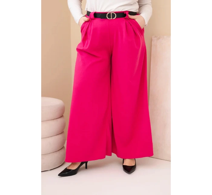 Dámské kalhoty Plus Size viskózové s širokým nohavicí a páskem fuchsie Dámské kalhoty Plus Size viskózové s širokým nohavicí a páskem fuchsie
