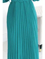 Dámské plisované midi šaty v mořské barvě s výstřihem, dlouhými rukávy a širokým opaskem model 22077536 - numoco basic Dámské plisované midi šaty v mořské barvě s výstřihem, dlouhými rukávy a širokým opaskem model 22077536 - numoco basic