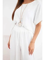 Dámský viskózový komplet: halenka s krátkým rukávem a kalhoty se širokou nohavicí ecru