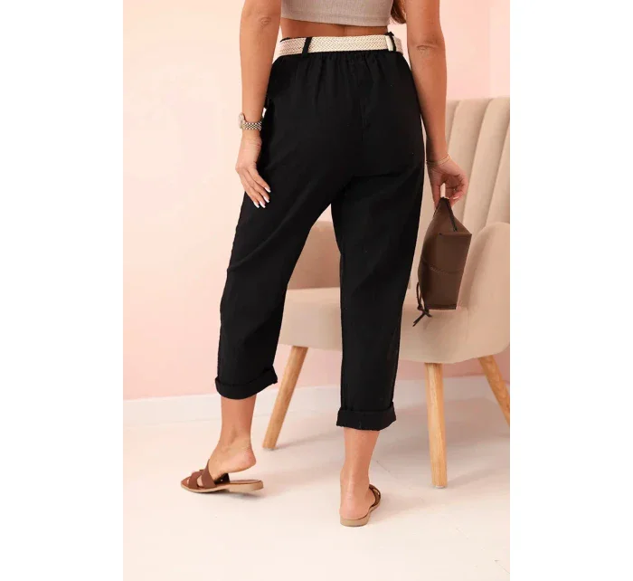 Dámské lněné kalhoty s bavlnou a páskem černé