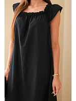 Dámské bavlněné šaty s nařaseným výstřihem a volánkem černá