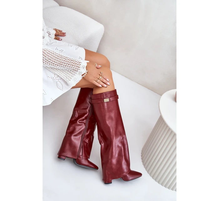 Dámské Kozačky Eko Kůže S Otočeným Svrškem Na Podpatku Bordové Avamora