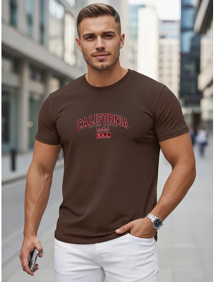 Pánské bavlněné tričko s potiskem „California“, hnědé, FashionStreet NX5140R Pánské bavlněné tričko s potiskem „California“, hnědé, FashionStreet NX5140R