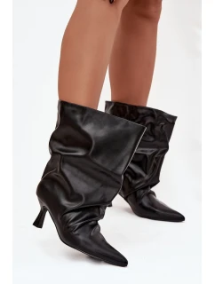 Nazouvací dámské kotníkové boty na podpatku s mačkáním horní části černé Inarisse