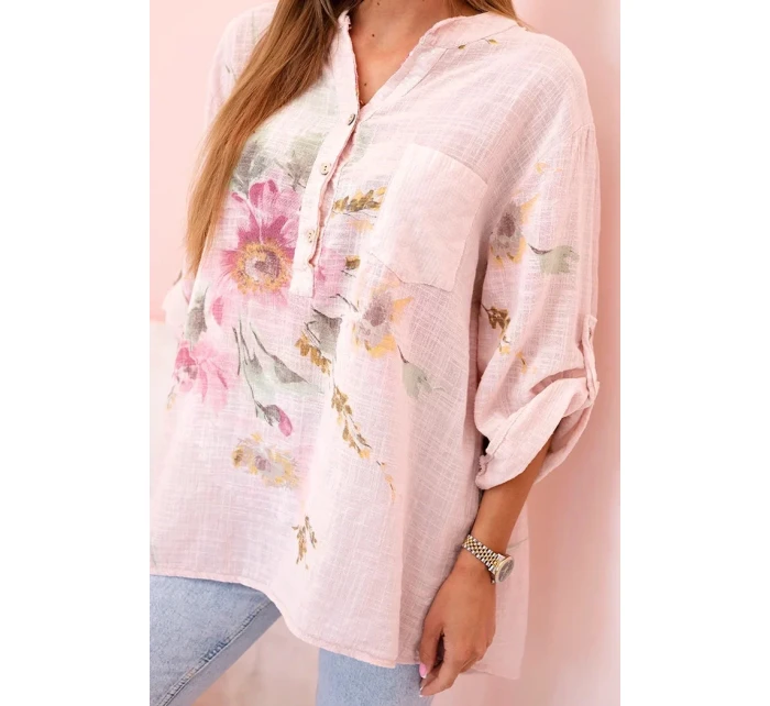 Dámská blůza z bavlny s květinovým vzorem a knoflíky pudrově růžová