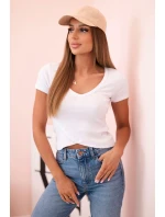 Dámská pruhovaná blůza s model 21772768 výstřihem a krátkým rukávem bílá - K-Fashion