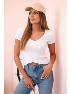 Dámská pruhovaná blůza s model 21772768 výstřihem a krátkým rukávem bílá - K-Fashion
