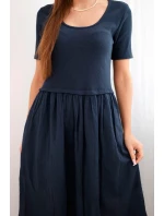 Dámské bavlněné midi šaty s krátkým rukávem a rozšířeným spodkem námořnická modrá