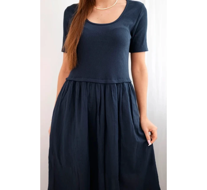 Dámské bavlněné midi šaty s krátkým rukávem a rozšířeným spodkem námořnická modrá