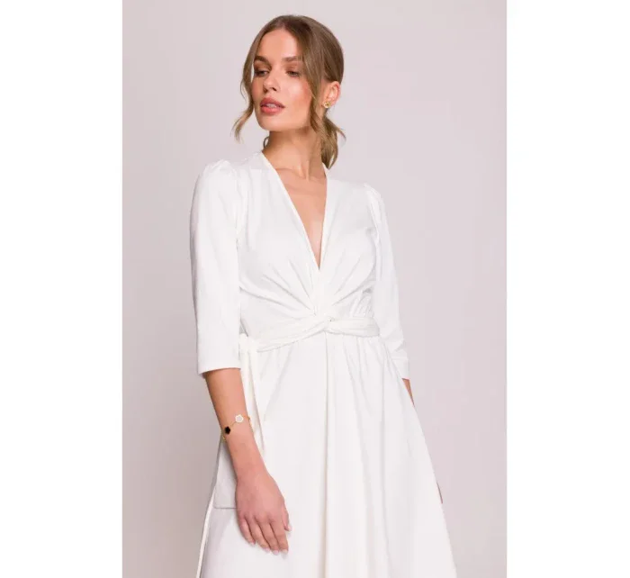 S404 Úpletové šaty s vázacím páskem - ecru barva S404 Úpletové šaty s vázacím páskem - ecru barva