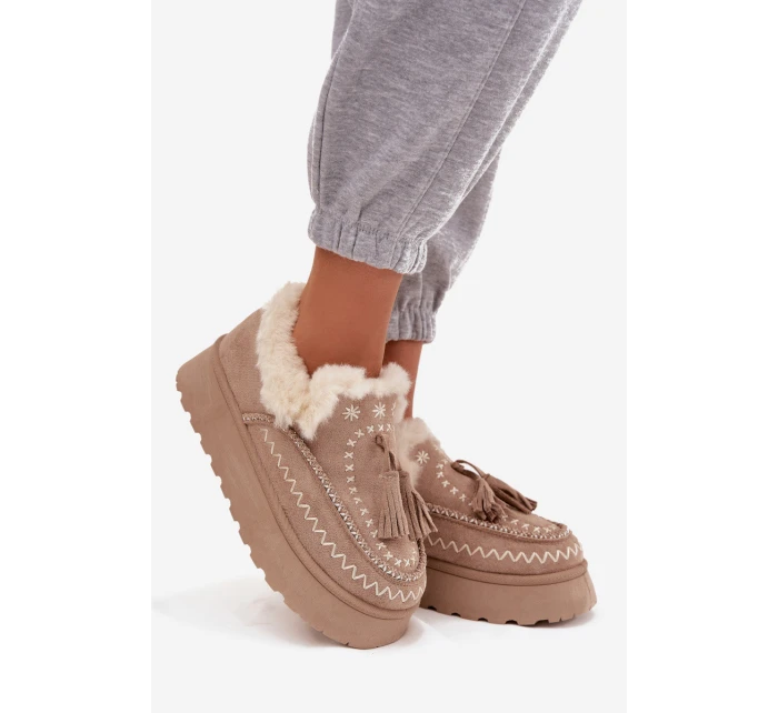 Dámské sněhule Ferayne na platformě s kožešinou a třásněmi – béžové