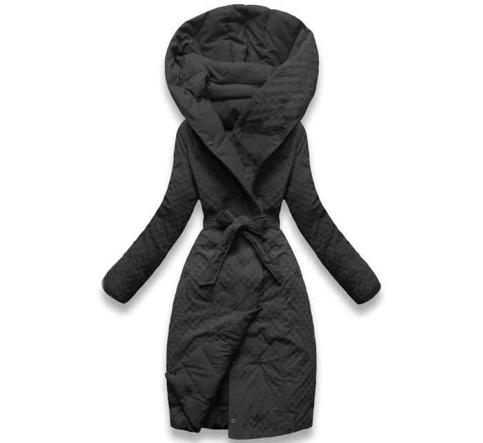 černý dámský kabát s páskem model 21248905 - STELLA FASHION černý dámský kabát s páskem model 21248905 - STELLA FASHION