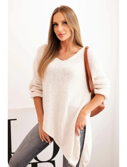 Dámský asymetrický svetr z vlny Plus Size s V výstřihem světlá béžová