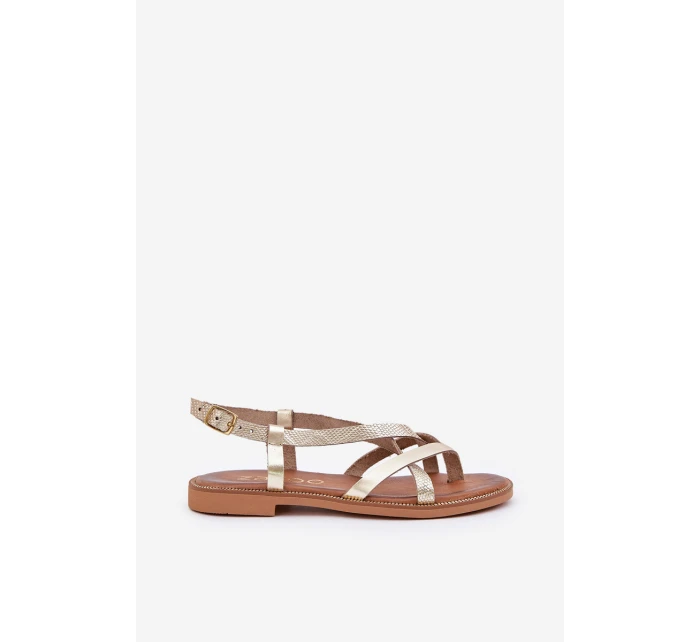 Kožené Ploché Sandály S Pásky Zlaté model 21683991 - Zazoo Kožené Ploché Sandály S Pásky Zlaté model 21683991 - Zazoo