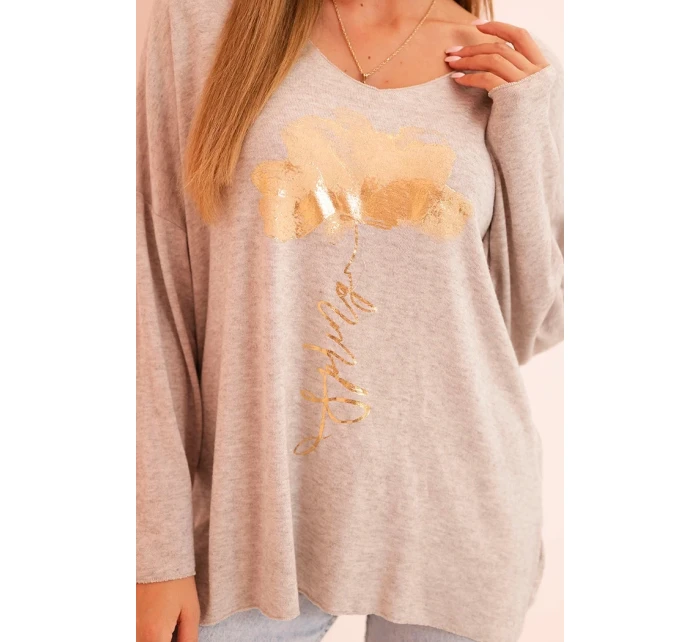 Dámská blůza z viskózy s dlouhým rukávem a zlatým květinovým potiskem béžový melír Dámská blůza z viskózy s dlouhým rukávem a zlatým květinovým potiskem béžový melír