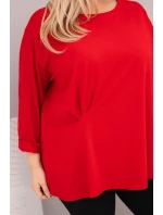 Dámská plus size blůza s bavlnou, dlouhým rukávem a řasením červená