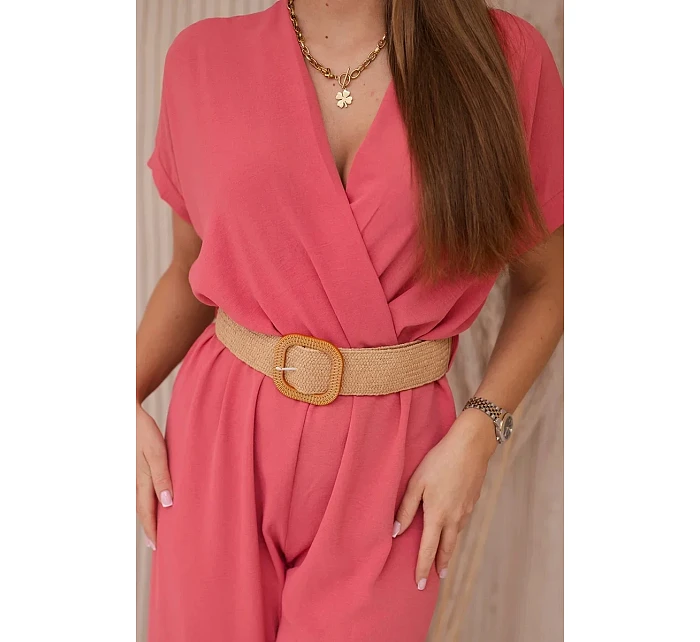 Kombinéza s ozdobným páskem v pase korálový Kombinéza s ozdobným páskem v pase korálový