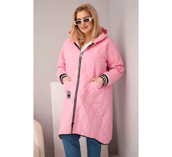 Dámská bunda Plus Size prošívaná s kapucí a sportovními manžetami světle růžová