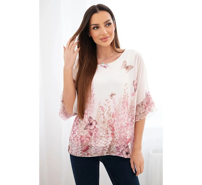 Dámská halenka s plisovaným rukávem a potiskem růžová