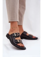 Kožené Ploché Pantofle S Přezkami Zazoo 3020 Černé