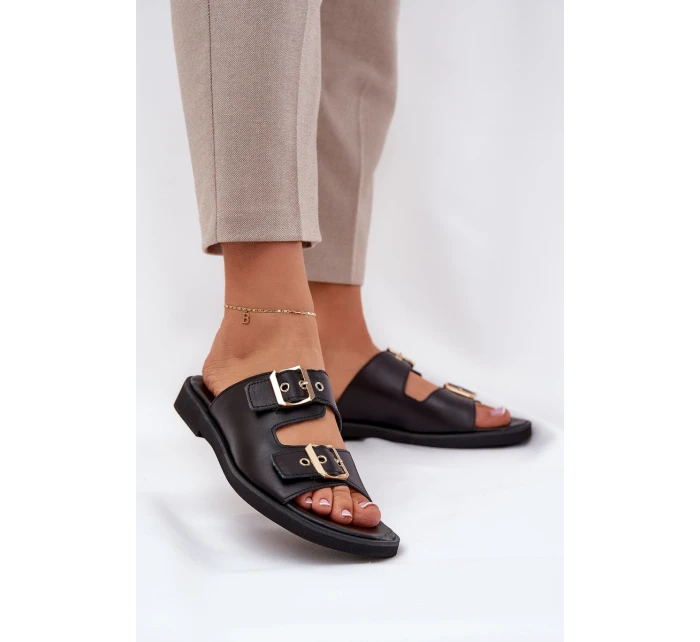 Kožené Ploché Pantofle S Přezkami Zazoo 3020 Černé