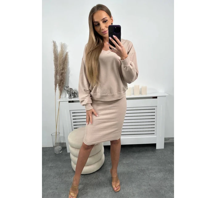 Souprava halenka + pruhované šaty béžová