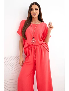 Dámský viskózový komplet halenka s krátkým rukávem a kalhoty se širokými nohavicemi malinový