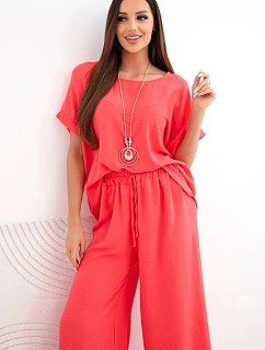 Dámský viskózový komplet halenka s krátkým rukávem a kalhoty se širokými nohavicemi malinový