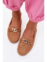 Dámské mokasíny se zlatým řetízkem a imitací semiše Camel Amaretto Dámské mokasíny se zlatým řetízkem a imitací semiše Camel Amaretto
