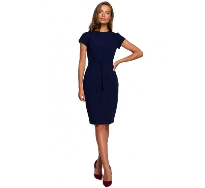 Tužkové šaty s páskem model 20710840 tmavě modré - STYLOVE