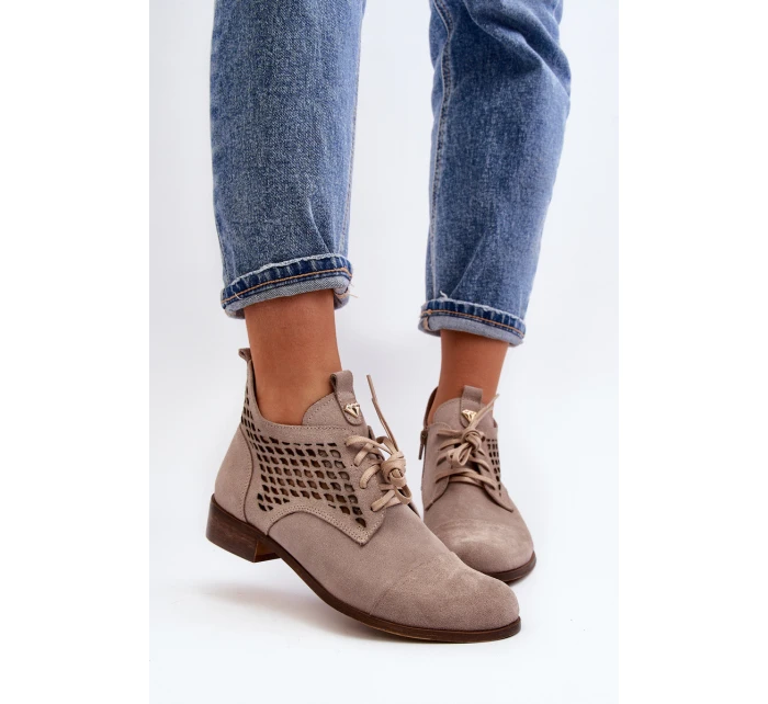 model 21646155 Nízké Dámské Botky se Šněrováním Semišové Bežové - Zazoo