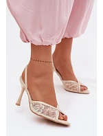 Dámské sandály na podpatku s krajkou a ozdobami Béžové Melivelle
