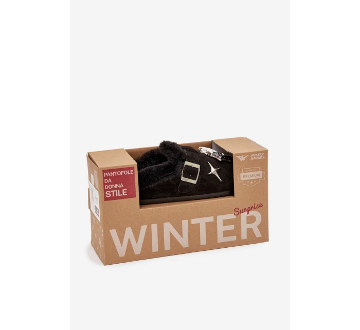 Dámské pantofle s ozdobami a sponou, zateplené kožíškem – černé Thalora Dámské pantofle s ozdobami a sponou, zateplené kožíškem – černé Thalora