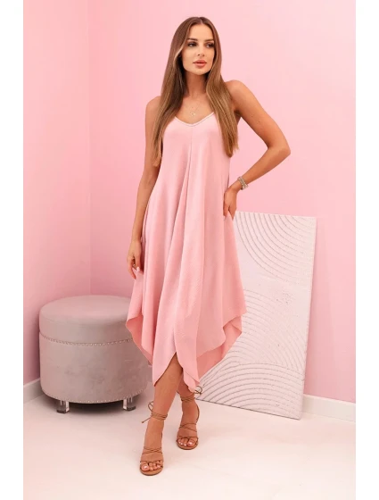 Women's dress with straps flared with an asymmetrical hem pudrově růžová