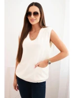 Dámský viskózový svetr bez rukávů s kapsami a V výstřihem ecru