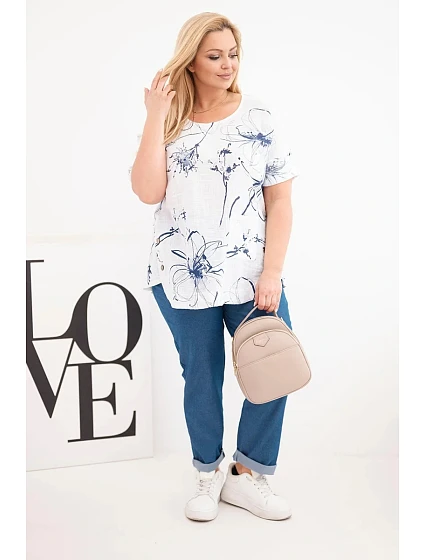 Dámská bavlněná halenka Plus Size s krátkým rukávem a kapsou bílá