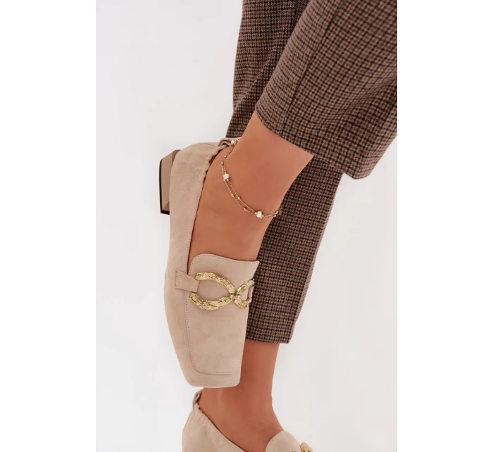 Dámské mokasíny z pravé nubukové kůže se zlatým detailem D&A CR61-3115 Béžové