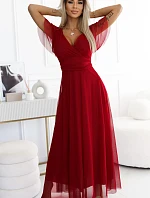 562-2 NASTIA Dlouhé šaty s hlubokým výstřihem a krátkými rukávy - Bordeaux