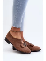 Dámské polobotky z ekokože s nízkým podpatkem a ozdobou hnědé model 21658368 - Boto