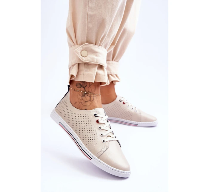 Dámské kožené ažurové tenisky béžové model 21615830 - S.Barski Dámské kožené ažurové tenisky béžové model 21615830 - S.Barski