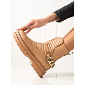 Originální  kotníčkové boty dámské hnědé na plochém podpatku