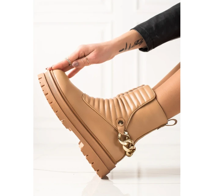 Originální  kotníčkové boty dámské hnědé na plochém podpatku