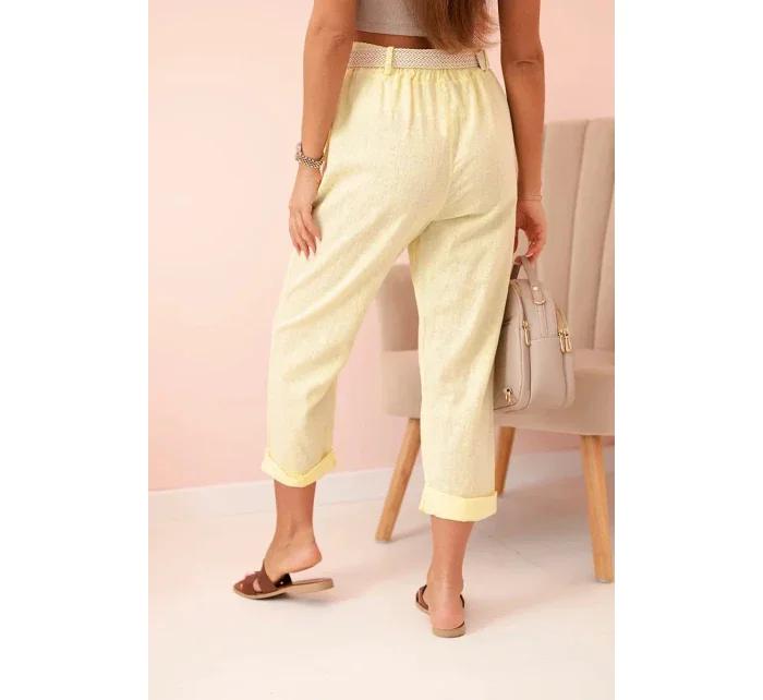 Dámské lněné kalhoty s bavlnou a páskem - žluté