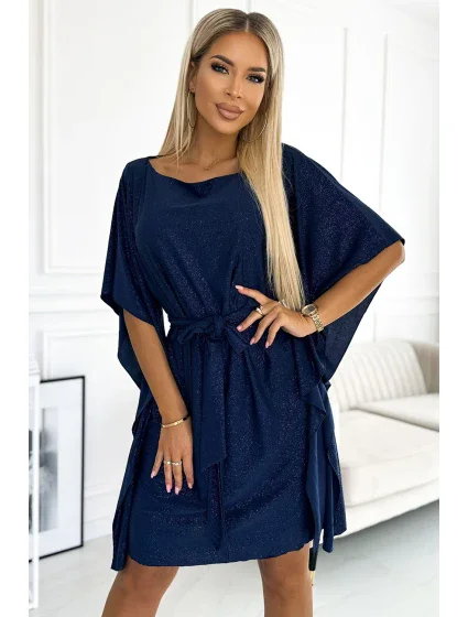 SOFIA Tmavě modré dámské šaty s brokátem a se zavazováním v pase model 18981284 - numoco